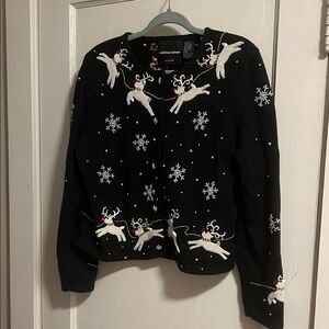 Michael Simon Black Cardigan with Pearl and Beaded Reindeer and Snowflakes